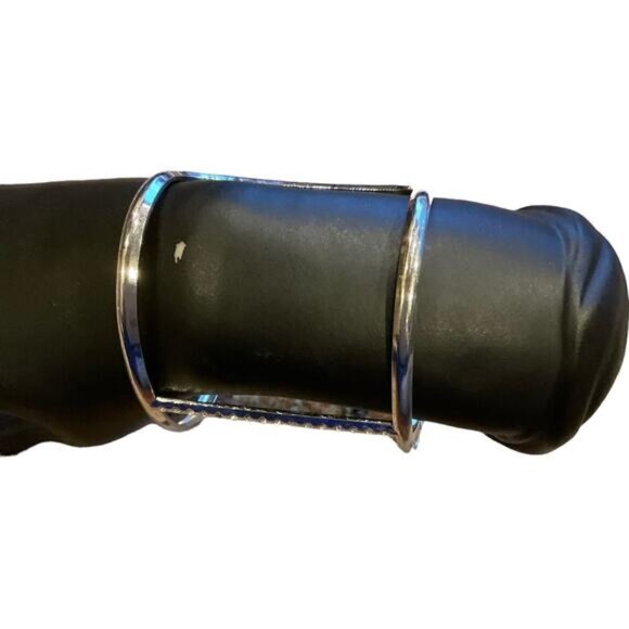 Silver Tone Rhinestone Cuff Bracelet With Open Design & Double Bar Detailing - Picture 4 of 7